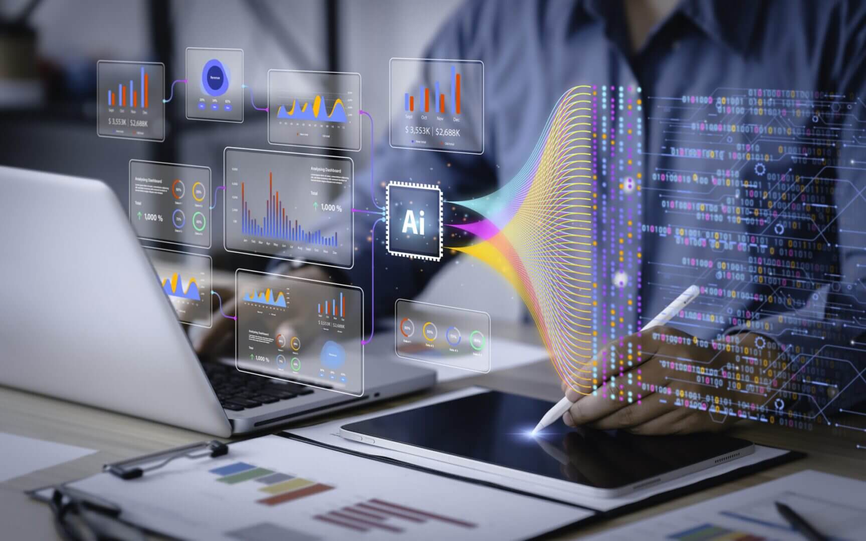 AI technology visualized with graphs and tablet.