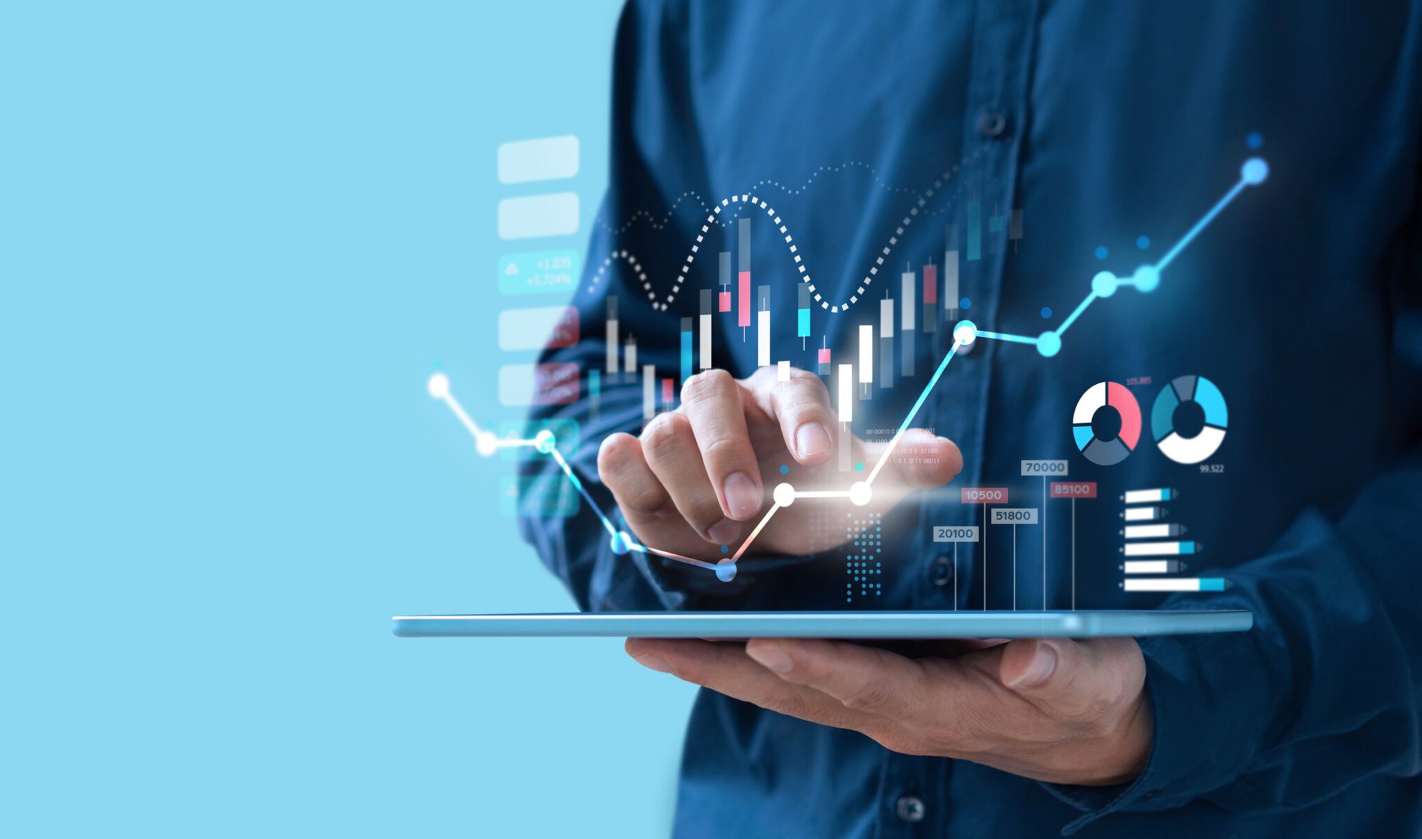 Person interacting with digital financial graphs.