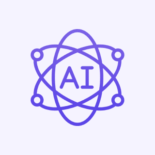 Purple AI atom symbol on light background.