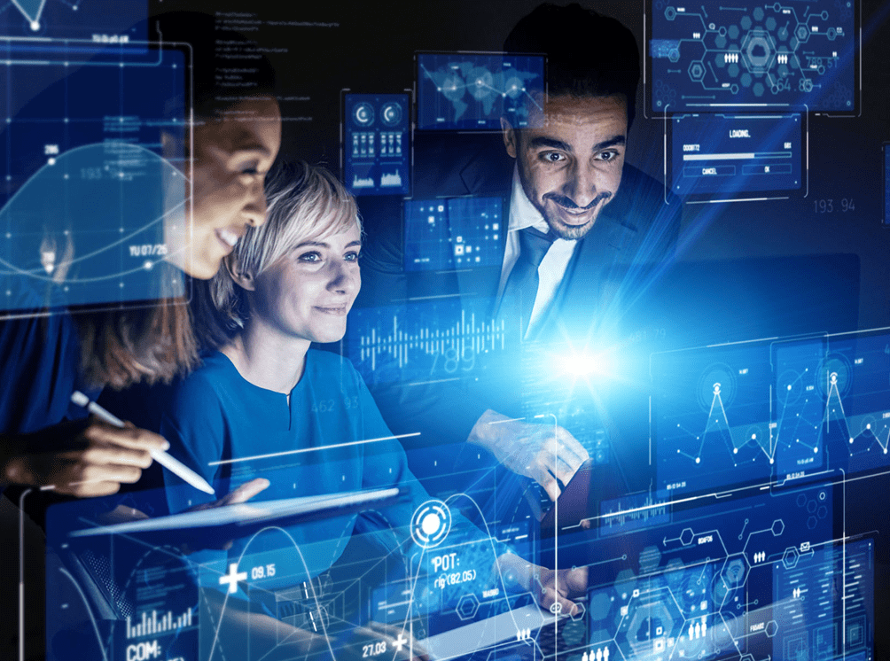 Team analyzing futuristic digital data screens.